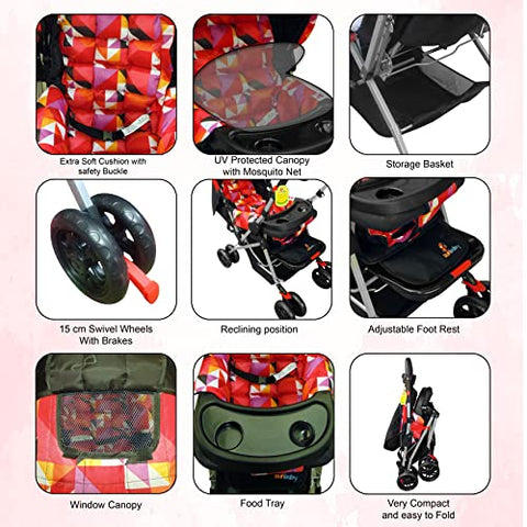 Sunbaby Bloom Stroller/Pram for New Born 0-3 Years,Extra Wide/Thick Cushion seat,2 Food Trays, Reversible Handle,Mosquito Net for Kids/Toddler,Foldable Canopy Stroller