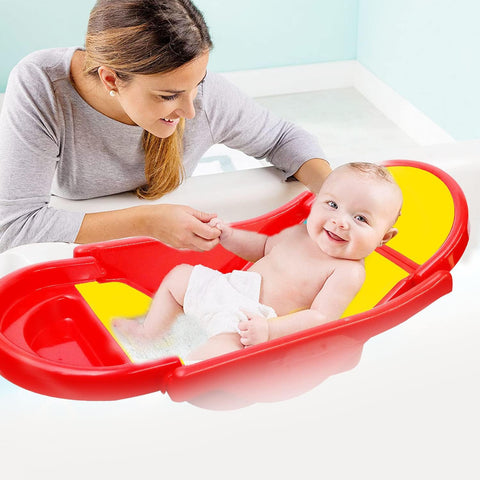 SUNBABY "Pure Love Foldable Baby Bather" Inclined Anti-Slip Foam for Body & Head Support, Plastic Bath Baby Shower, Plug for Water Drainage, Easy Dry, Foldable, Age 0-6 Month (RED-Yellow)