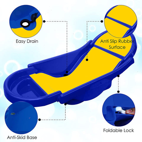 SUNBABY "Pure Love Foldable Baby Bather" Inclined Anti-Slip Foam for Body & Head Support, Plastic Bath Baby Shower, Plug for Water Drainage, Easy Dry, Foldable, Age 0-6 Month (Blue-Yellow)