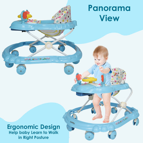 SUNBABY Rideon Car Baby Walker High Quality, Strong, Safety Standards, Height Adjustable, Light & Musical Toys, Rattles, Soft Thick Cushioned Seat-Activity Walker 6-24 Months - Blue