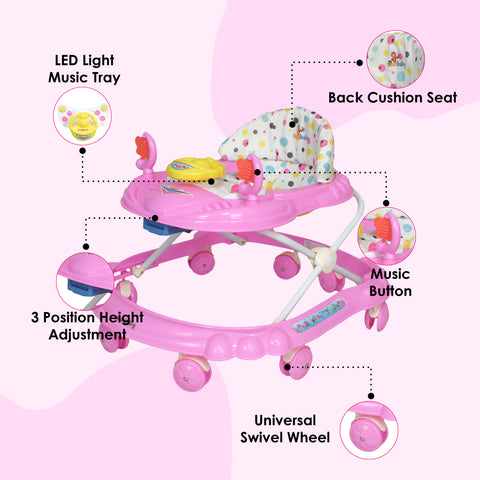 SUNBABY Rideon Car Baby Walker High Quality, Strong, Safety Standards, Height Adjustable, Light & Musical Toys, Rattles, Soft Thick Cushioned Seat-Activity Walker 6-24 Months - PINK