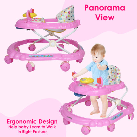 SUNBABY Rideon Car Baby Walker High Quality, Strong, Safety Standards, Height Adjustable, Light & Musical Toys, Rattles, Soft Thick Cushioned Seat-Activity Walker 6-24 Months - PINK