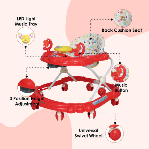 SUNBABY Rideon Car Baby Walker High Quality, Strong, Safety Standards, Height Adjustable, Light & Musical Toys, Rattles, Soft Thick Cushioned Seat-Activity Walker 6-24 Months - RED