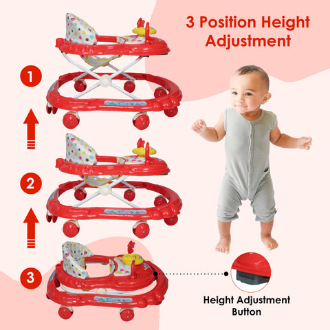 SUNBABY Rideon Car Baby Walker High Quality, Strong, Safety Standards, Height Adjustable, Light & Musical Toys, Rattles, Soft Thick Cushioned Seat-Activity Walker 6-24 Months - RED