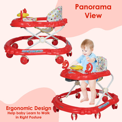 SUNBABY Rideon Car Baby Walker High Quality, Strong, Safety Standards, Height Adjustable, Light & Musical Toys, Rattles, Soft Thick Cushioned Seat-Activity Walker 6-24 Months - RED