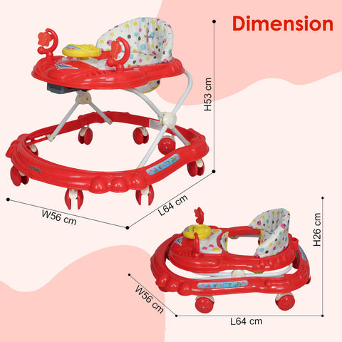 SUNBABY Rideon Car Baby Walker High Quality, Strong, Safety Standards, Height Adjustable, Light & Musical Toys, Rattles, Soft Thick Cushioned Seat-Activity Walker 6-24 Months - RED