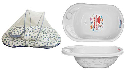 SUNBABY Bath Tub and Sleep Bed with Mosquito Insects Proof Net for Baby Combo (Bathtub+ Bedding) White