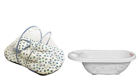 SUNBABY Bath Tub and Sleep Bed with Mosquito Insects Proof Net for Baby Combo (Bathtub+ Bedding) White