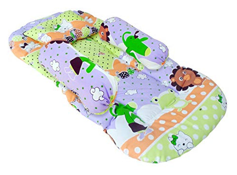 SUNBABY Mosquito Bedding with Bolster Set Thick Base, Foldable Mattress, Colourful Pillow, Zip Closure,Reversible Bedding with Mosquito Net, Large (0 to 18 Months) Green, with Bolster
