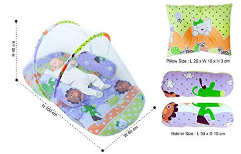 SUNBABY Mosquito Bedding with Bolster Set Thick Base, Foldable Mattress, Colourful Pillow, Zip Closure,Reversible Bedding with Mosquito Net, Large (0 to 18 Months) Green, with Bolster