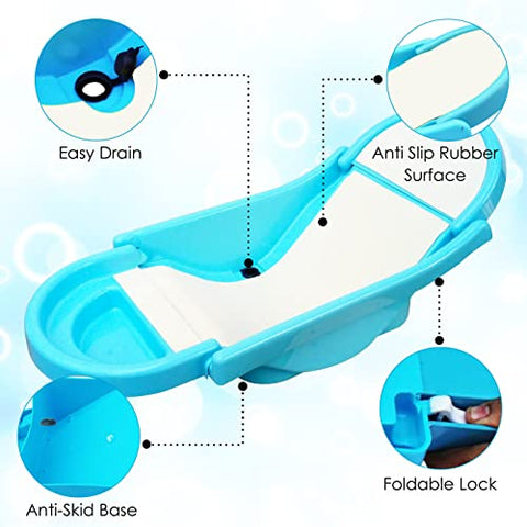 SUNBABY "Pure Love Foldable Baby Bather" Inclined Anti-Slip Foam for Body & Head Support, Plastic Bath Baby Shower, Plug for Water Drainage, Easy Dry, Foldable, Age 0-6 Month (Blue)