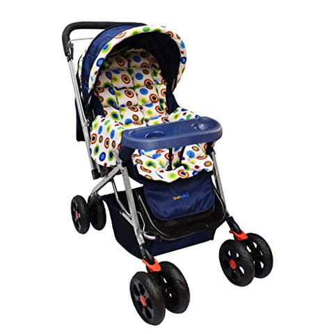 Sunbaby Bloom Stroller/Pram for New Born 0-3 Years,Extra Wide/Thick Cushion seat,2 Food Trays, Reversible Handle,Mosquito Net for Kids/Toddler,Foldable Canopy Stroller