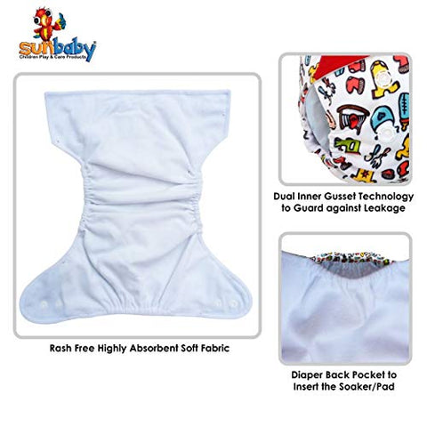 Sunbaby "TICKY BOTTOM" set of 4 Reusable Washable Waterproof Baby Cloth Diaper + Open Pocket Diaper, Adjustable 4 in 1 size for Growing Babies
