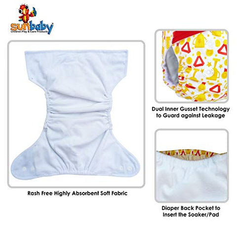 Sunbaby "TICKY BOTTOM" set of 4 Reusable Washable Waterproof Baby Cloth Diaper + Open Pocket Diaper, Adjustable 4 in 1 size for Growing Babies