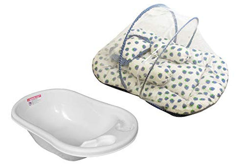 SUNBABY Bath Tub and Sleep Bed with Mosquito Insects Proof Net for Baby Combo (Bathtub+ Bedding) White