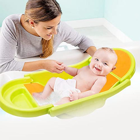 SUNBABY "Pure Love Foldable Baby Bather" Inclined Anti-Slip Foam for Body & Head Support, Plastic Bath Baby Shower, Plug for Water Drainage, Easy Dry, Foldable, Age 0-6 Month (Blue)