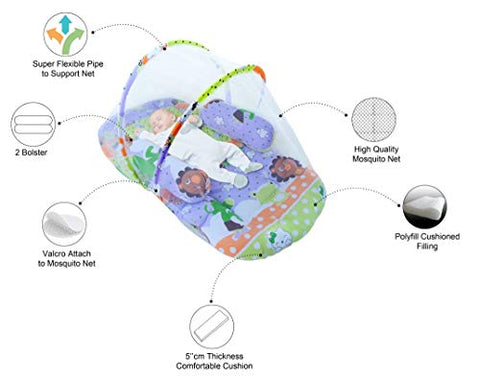 SUNBABY Mosquito Bedding with Bolster Set Thick Base, Foldable Mattress, Colourful Pillow, Zip Closure,Reversible Bedding with Mosquito Net, Large (0 to 18 Months) Green, with Bolster