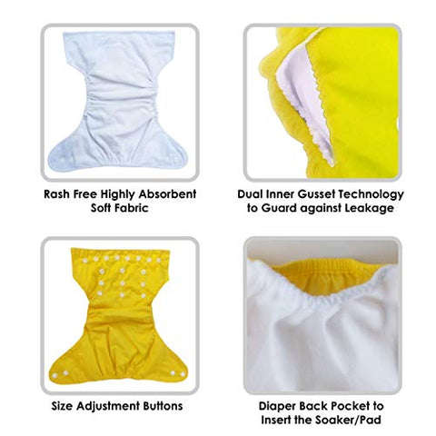 Sunbaby "TICKY BOTTOM" set of 4 Reusable Washable Waterproof Baby Cloth Diaper + Open Pocket Diaper, Adjustable 4 in 1 size for Growing Babies