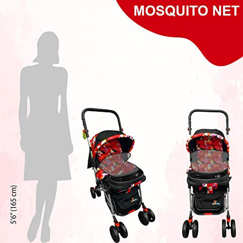 Sunbaby Bloom Stroller/Pram for New Born 0-3 Years,Extra Wide/Thick Cushion seat,2 Food Trays, Reversible Handle,Mosquito Net for Kids/Toddler,Foldable Canopy Stroller