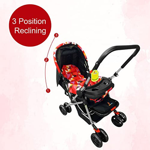 Sunbaby Bloom Stroller/Pram for New Born 0-3 Years,Extra Wide/Thick Cushion seat,2 Food Trays, Reversible Handle,Mosquito Net for Kids/Toddler,Foldable Canopy Stroller