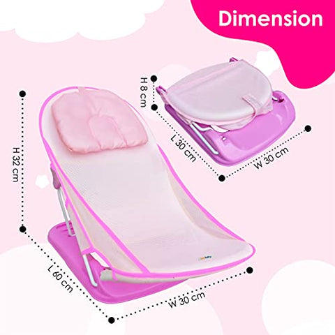 Sunbaby"First Bath" Net Deluxe Bather w/Padded Cushion for Baby, Safety Anti Slip Rubber-for Newborn/Infants,Portable Foldable Bathing wash Training Seat for Baby boy, Girl 0-6 Months (Pink)