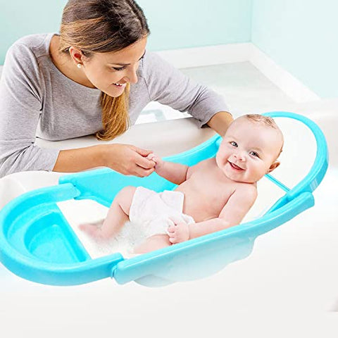 SUNBABY "Pure Love Foldable Baby Bather" Inclined Anti-Slip Foam for Body & Head Support, Plastic Bath Baby Shower, Plug for Water Drainage, Easy Dry, Foldable, Age 0-6 Month (Blue)