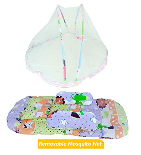 SUNBABY Mosquito Bedding with Bolster Set Thick Base, Foldable Mattress, Colourful Pillow, Zip Closure,Reversible Bedding with Mosquito Net, Large (0 to 18 Months) Green, with Bolster