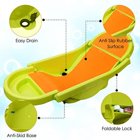 SUNBABY "Pure Love Foldable Baby Bather" Inclined Anti-Slip Foam for Body & Head Support, Plastic Bath Baby Shower, Plug for Water Drainage, Easy Dry, Foldable, Age 0-6 Month (Blue)