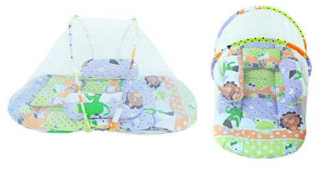 SUNBABY Mosquito Bedding with Bolster Set Thick Base, Foldable Mattress, Colourful Pillow, Zip Closure,Reversible Bedding with Mosquito Net, Large (0 to 18 Months) Green, with Bolster