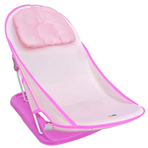 Sunbaby"First Bath" Net Deluxe Bather w/Padded Cushion for Baby, Safety Anti Slip Rubber-for Newborn/Infants,Portable Foldable Bathing wash Training Seat for Baby boy, Girl 0-6 Months (Pink)