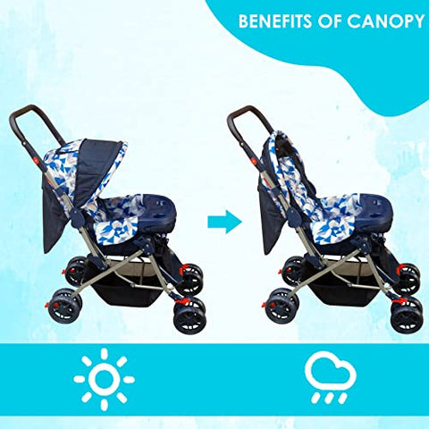 Sunbaby Bloom Stroller/Pram for New Born 0-3 Years,Extra Wide/Thick Cushion seat,2 Food Trays, Reversible Handle,Mosquito Net for Kids/Toddler,Foldable Canopy Stroller