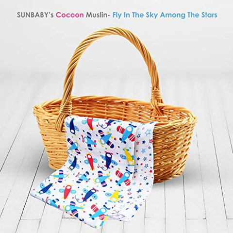 Sunbaby Cocoon- Baby Swaddle/Muslin Blanket/Receiving Blankets/Baby Wrap/Baby Bath Towel for New Born Babies, 100% Pure Organic Cotton, Soft & Breathable, Pack of 2(Fly in The Sky Among The Stars)