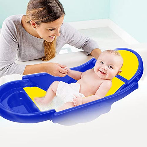 SUNBABY "Pure Love Foldable Baby Bather" Inclined Anti-Slip Foam for Body & Head Support, Plastic Bath Baby Shower, Plug for Water Drainage, Easy Dry, Foldable, Age 0-6 Month (Blue)