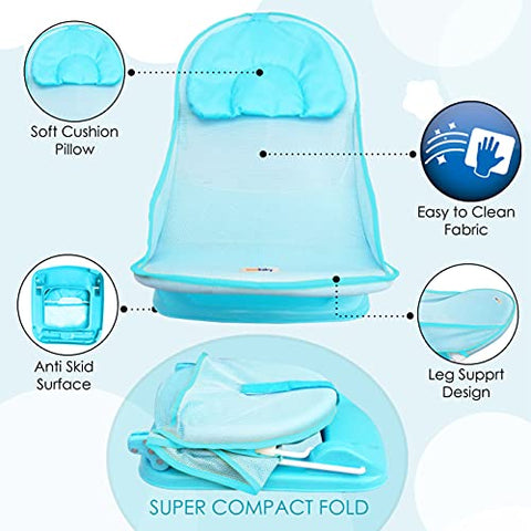 Sunbaby"First Bath" Net Deluxe Bather w/Padded Cushion for Baby, Safety Anti Slip Rubber-for Newborn/Infants,Portable Foldable Bathing wash Training Seat for Baby boy, Girl 0-6 Months (Pink)