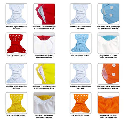 Sunbaby "TICKY BOTTOM" set of 4 Reusable Washable Waterproof Baby Cloth Diaper + Open Pocket Diaper, Adjustable 4 in 1 size for Growing Babies