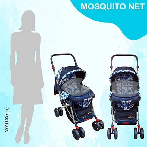 Sunbaby Bloom Stroller/Pram for New Born 0-3 Years,Extra Wide/Thick Cushion seat,2 Food Trays, Reversible Handle,Mosquito Net for Kids/Toddler,Foldable Canopy Stroller