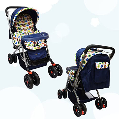 Sunbaby Bloom Stroller/Pram for New Born 0-3 Years,Extra Wide/Thick Cushion seat,2 Food Trays, Reversible Handle,Mosquito Net for Kids/Toddler,Foldable Canopy Stroller