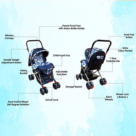 Sunbaby Bloom Stroller/Pram for New Born 0-3 Years,Extra Wide/Thick Cushion seat,2 Food Trays, Reversible Handle,Mosquito Net for Kids/Toddler,Foldable Canopy Stroller