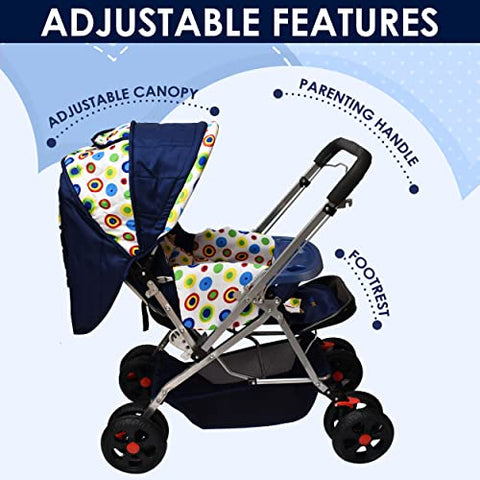 Sunbaby Bloom Stroller/Pram for New Born 0-3 Years,Extra Wide/Thick Cushion seat,2 Food Trays, Reversible Handle,Mosquito Net for Kids/Toddler,Foldable Canopy Stroller
