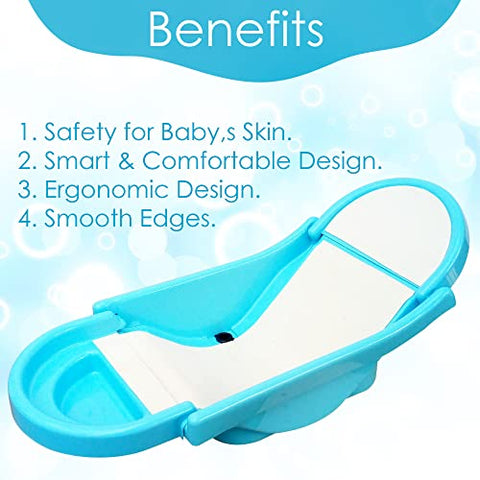 SUNBABY "Pure Love Foldable Baby Bather" Inclined Anti-Slip Foam for Body & Head Support, Plastic Bath Baby Shower, Plug for Water Drainage, Easy Dry, Foldable, Age 0-6 Month (Blue)