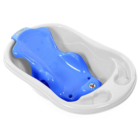 Sunbaby Baby Anti Slip Big Plastic Bathtub with Bath Toddler Seat Sling Non Slip Suction for Bathing,Baby Shower,Bubble Bath (White-Blue)