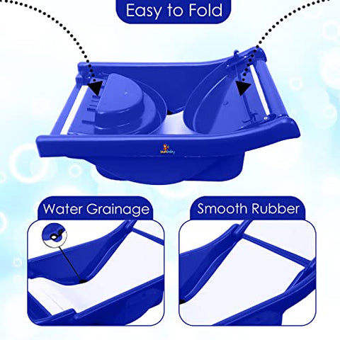 SUNBABY "Pure Love Foldable Baby Bather" Inclined Anti-Slip Foam for Body & Head Support, Plastic Bath Baby Shower, Plug for Water Drainage, Easy Dry, Foldable, Age 0-6 Month (Blue)