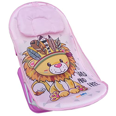Sunbaby"First Bath" Net Deluxe Bather w/Padded Cushion for Baby, Safety Anti Slip Rubber-for Newborn/Infants,Portable Foldable Bathing wash Training Seat for Baby boy, Girl 0-6 Months (Pink)