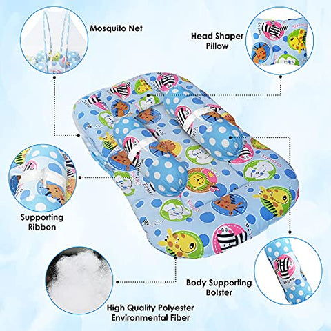 SUNBABY Mosquito Baby 2 Way Bedding, Beautiful Prints, Soft Fabric, Thick Foam for Better Cushioning, Pillow and Side Bolsters, Mosquito Net Protects Baby from Flies, Reversible,0-18 Months.