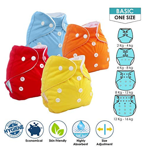 Sunbaby "TICKY BOTTOM" set of 4 Reusable Washable Waterproof Baby Cloth Diaper + Open Pocket Diaper, Adjustable 4 in 1 size for Growing Babies