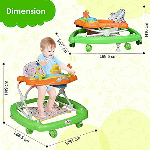 SUNBABY Musical Piano Duck Baby Rocking Walker, Height Adjustable, Light & Musical Toys, Rattles, Double Stitching Soft Cushioned Seat , Age 6-24 Months.(Green-Orange)