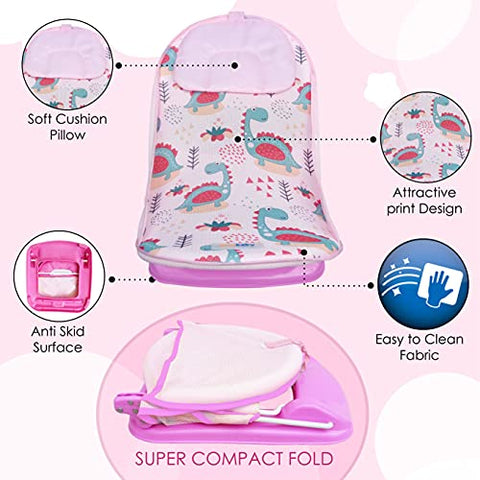 Sunbaby"First Bath" Net Deluxe Bather w/Padded Cushion for Baby, Safety Anti Slip Rubber-for Newborn/Infants,Portable Foldable Bathing wash Training Seat for Baby boy, Girl 0-6 Months (Pink)