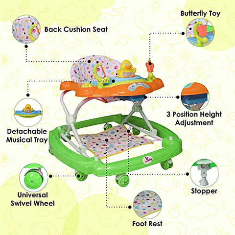 SUNBABY Musical Piano Duck Baby Rocking Walker, Height Adjustable, Light & Musical Toys, Rattles, Double Stitching Soft Cushioned Seat , Age 6-24 Months.(Green-Orange)