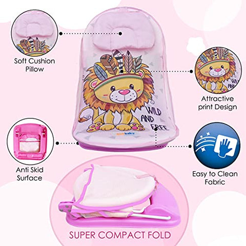 Sunbaby"First Bath" Net Deluxe Bather w/Padded Cushion for Baby, Safety Anti Slip Rubber-for Newborn/Infants,Portable Foldable Bathing wash Training Seat for Baby boy, Girl 0-6 Months (Pink)