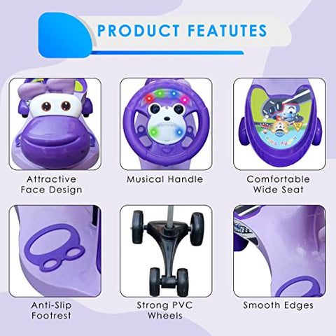 Sunbaby Funtime Twister Magic Swing Smart Car Ride Ons for Kids, 3-8 Years Boys Girls, Cartoon Face W/ Music & Light, Free Wheels (Purple) (SB-MC-382)